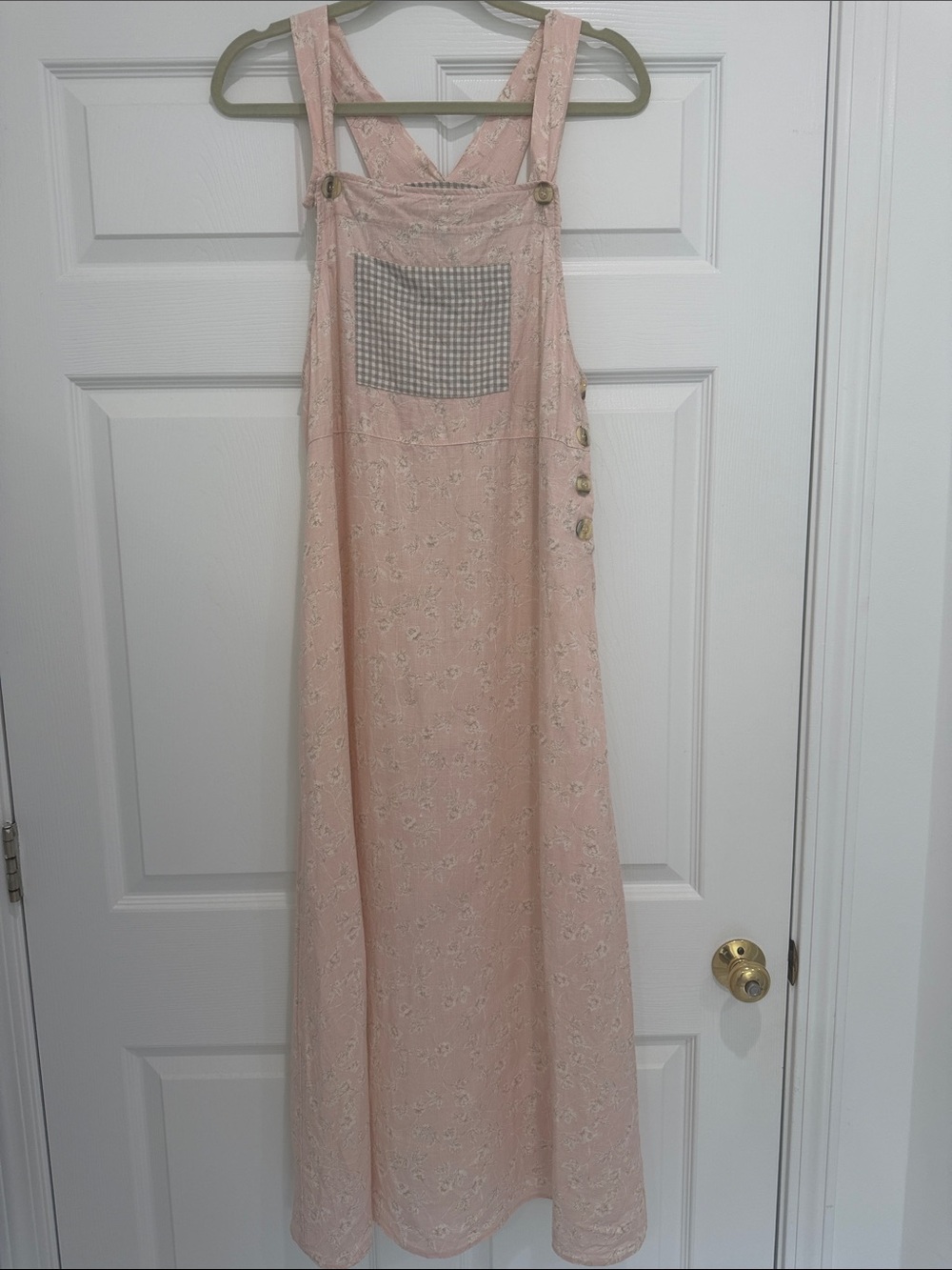 Carol Anderson Vintage Linen Pinafore Dress M Pink Floral Gingham Jumper Maxi